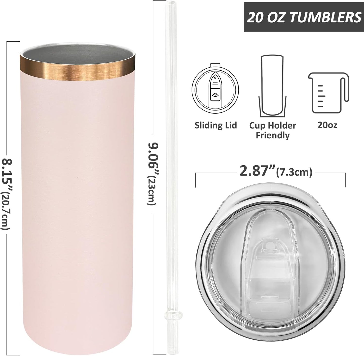 20 oz Skinny Tumblers Bulk 8 Pack, Stainless Steel Insulated Tumbler with Lids and Straws, Slim Double Wall Powder Coated Travel Coffee Mugs Reusable Cup for Hot Cold Drinks (Pink,8 pack)