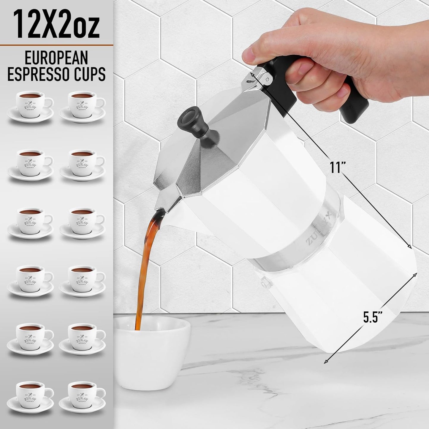 Zulay Moka Pot Espresso Stovetop Coffee Maker - Leak-Proof, Stainless Steel, Easy to Clean, Heat Resistant Handle & Knob - for Authentic Cuban & Italian Style Espresso - Makes 12 Espresso Cups - White