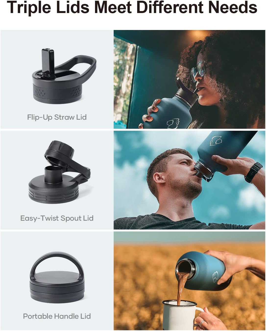 BUZIO 64 oz Water Bottle Insulated with Straw & 3 lid and Carrying Pouch, Leak Proof Half Gallon Stainless Steel Water Flask Jug, Cold for 48 Hrs Double Vacuum Thermo Canteen, BPA-Free, Indigo Crush