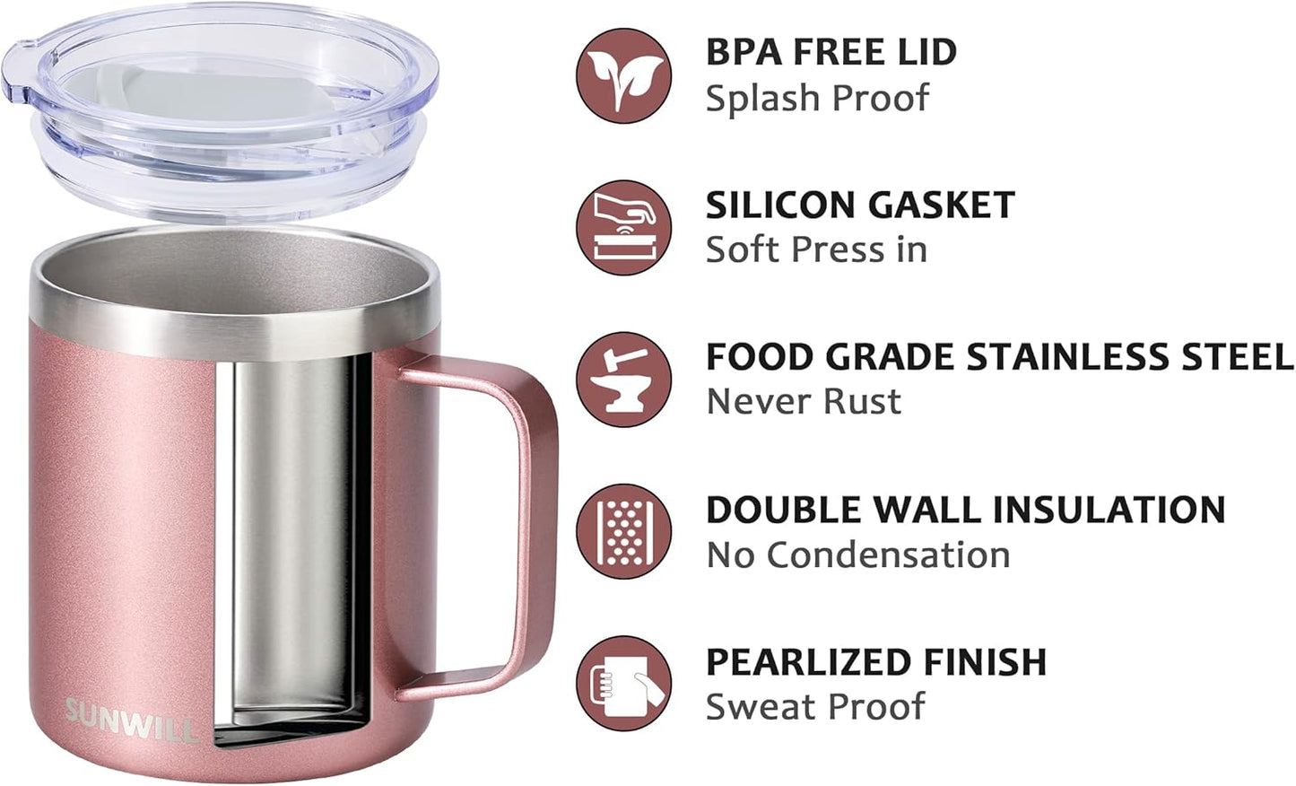 SUNWILL Travel Coffee Mug with Lid, Insulated Tumbler with Handle, 14 oz Stainless Steel Cup Set of 2 for Camping, Outdoor, Cool Grey & Rose Gold 2 Pack