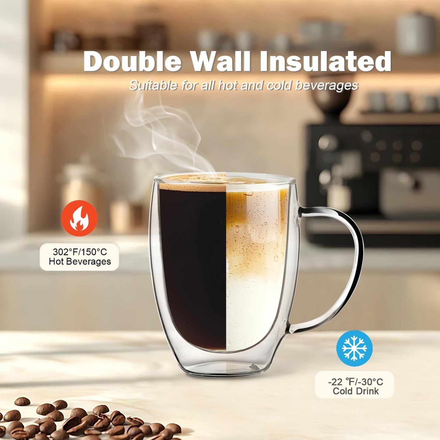 Double Wall Glass Coffee Mugs 12 OZ, Clear Coffee Cup With Handle,Insulated Coffee Mugs Set of 2 With Spoons Perfect for Espresso, Cappuccino, Latte, American,Tea Bag, Beverage