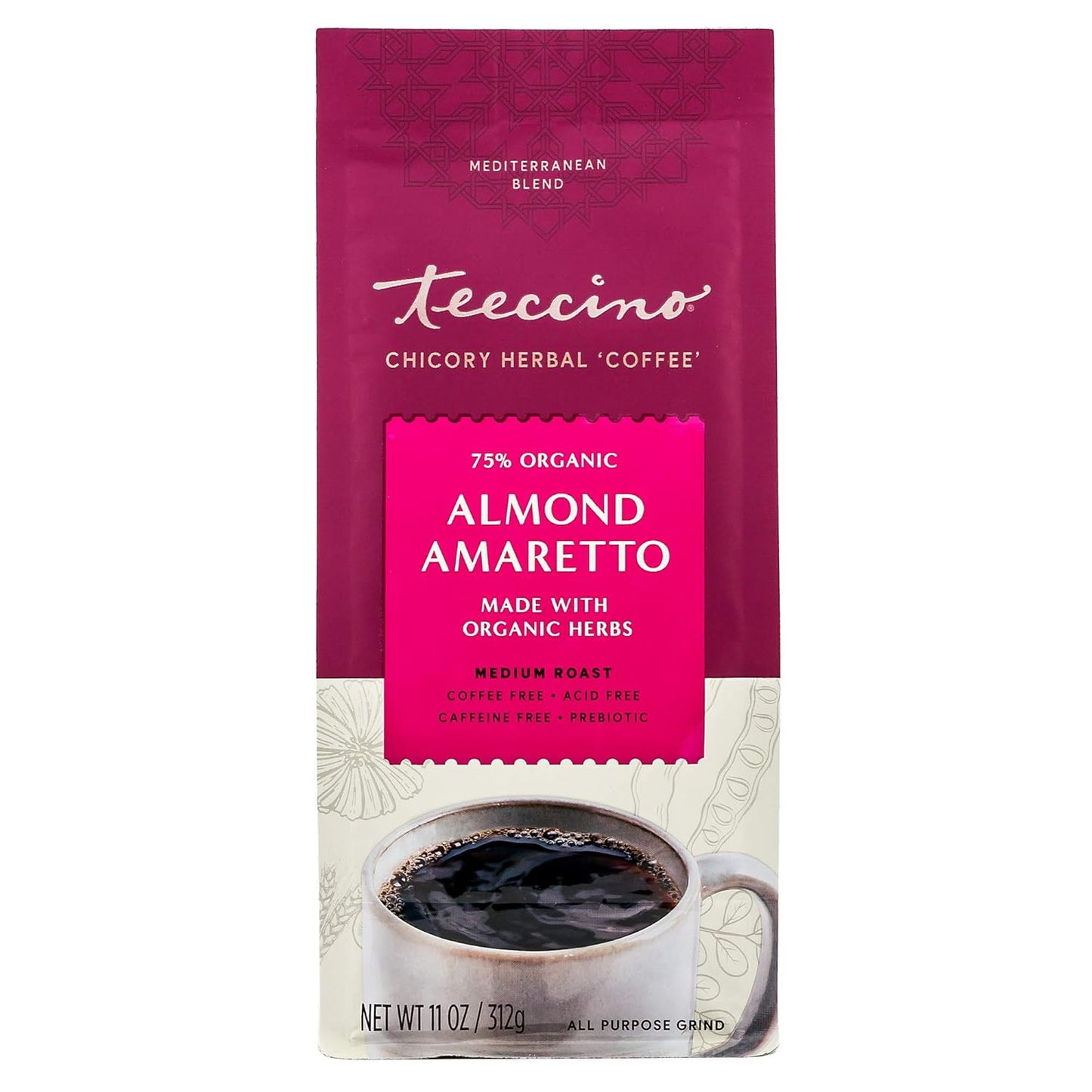 Teeccino Almond Amaretto Chicory Coffee Alternative - Ground Herbal Coffee That’s Prebiotic, Caffeine Free & Acid Free, Medium Roast, 11 Ounce (Pack of 6)