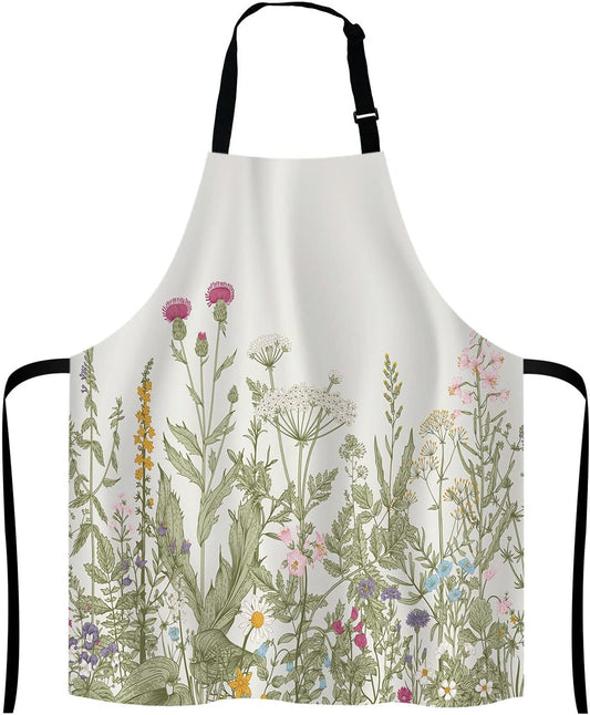 Herbs and Wild Flowers Bib Apron with Adjustable Neck for Men Women,Suitable for Home Kitchen Cooking Waitress Chef Grill Bistro Baking BBQ Cobbler Apron