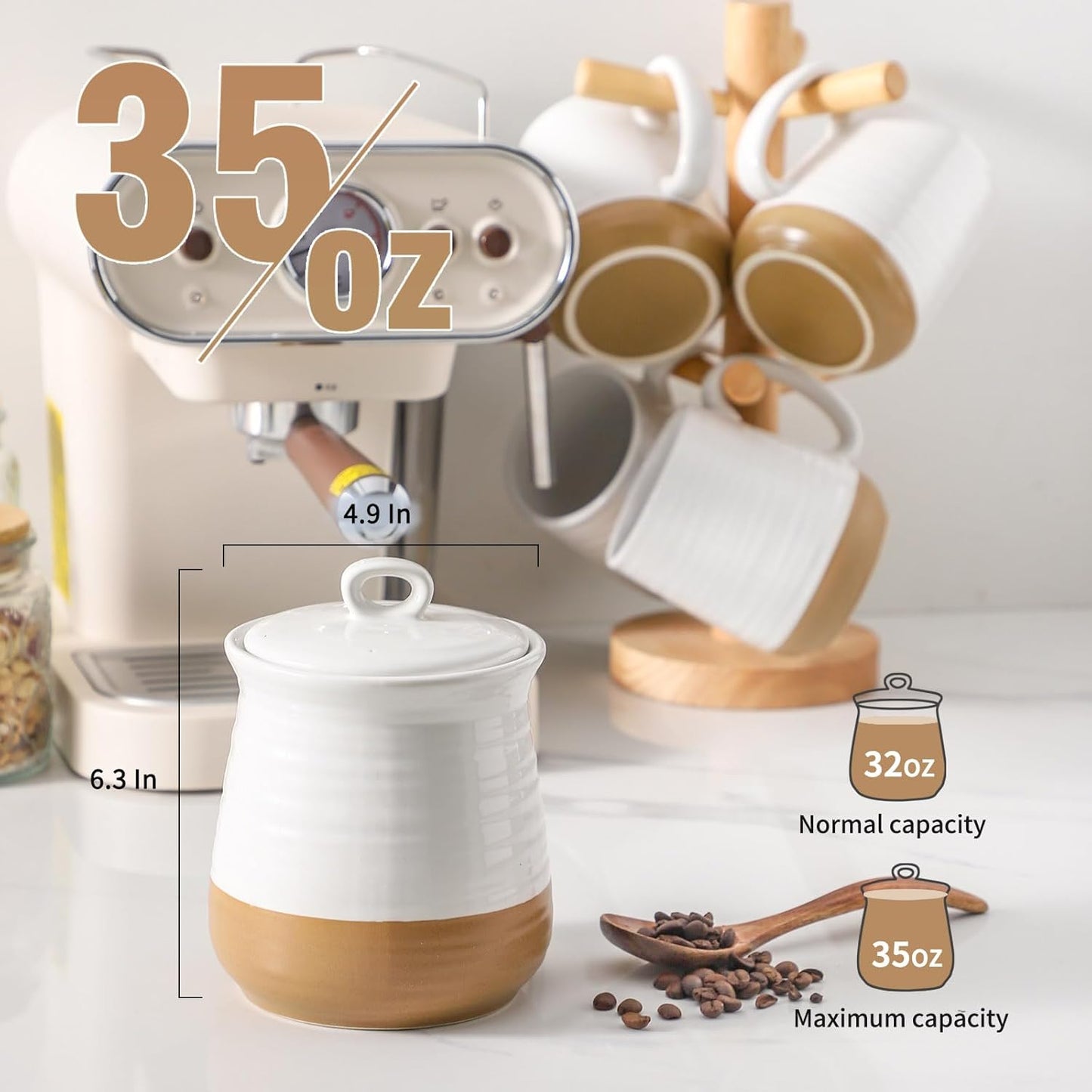 Ceramic Food Storage Jar,Coffee Canister for Countertop with Lids Airtight,Large Flour,Cereal,Spices,Beans,Rice and Candies Containers for Kitchen and Home,Farmhouse Kitchen Decor,35 OZ White