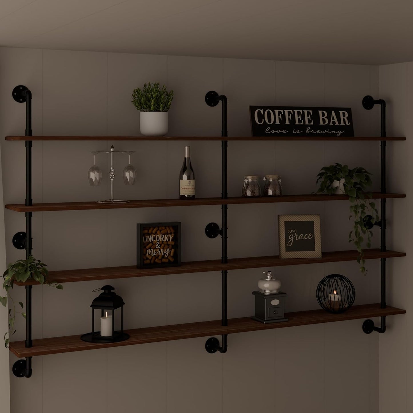 Floating Book Shelves for Wall 4 Tier 70 inch Bookshelf Industrial Pipe Shelving Shelves Bookcase Industrial Bookshelves Pipe Shelf Wood Wall Shelf for Living Room