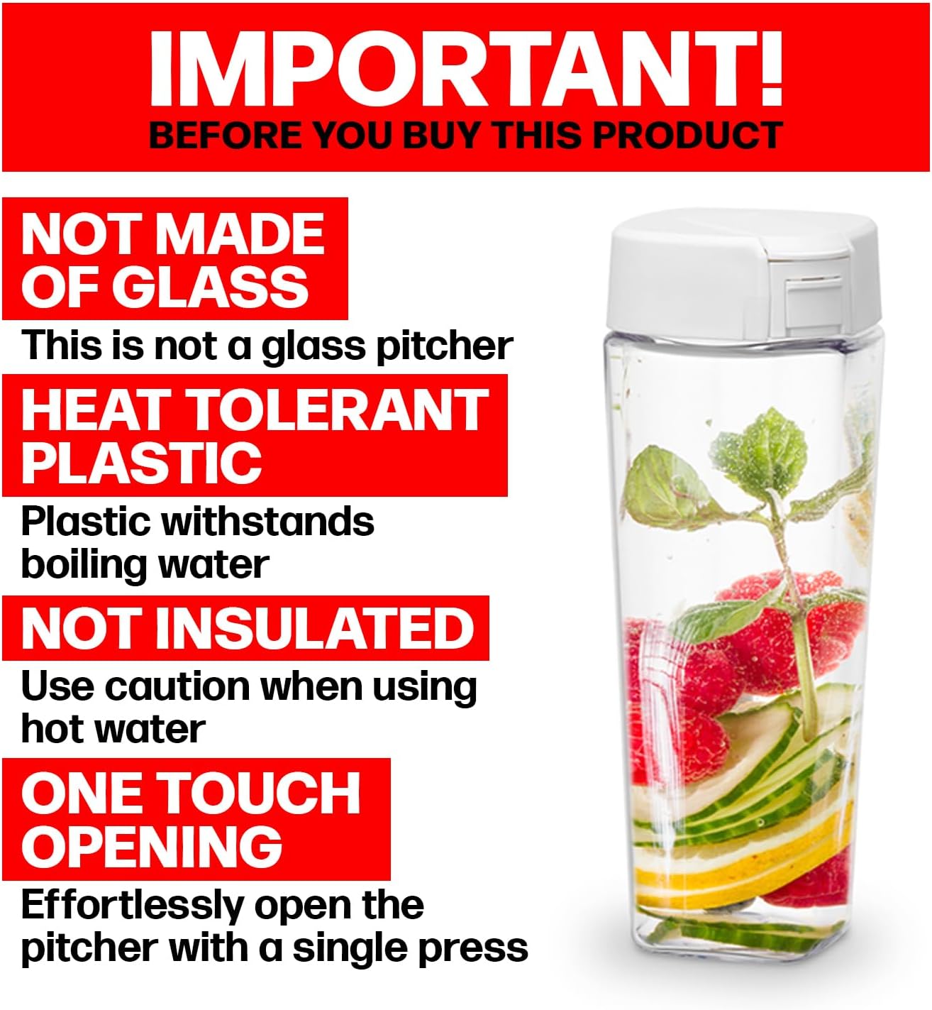 Lustroware QuickFlip Slim Airtight Pitcher - 1.2L (40oz), Heat Resistant, BPA-Free SAN Plastic, Easy Pour, Space-Saving, Made in Japan - White