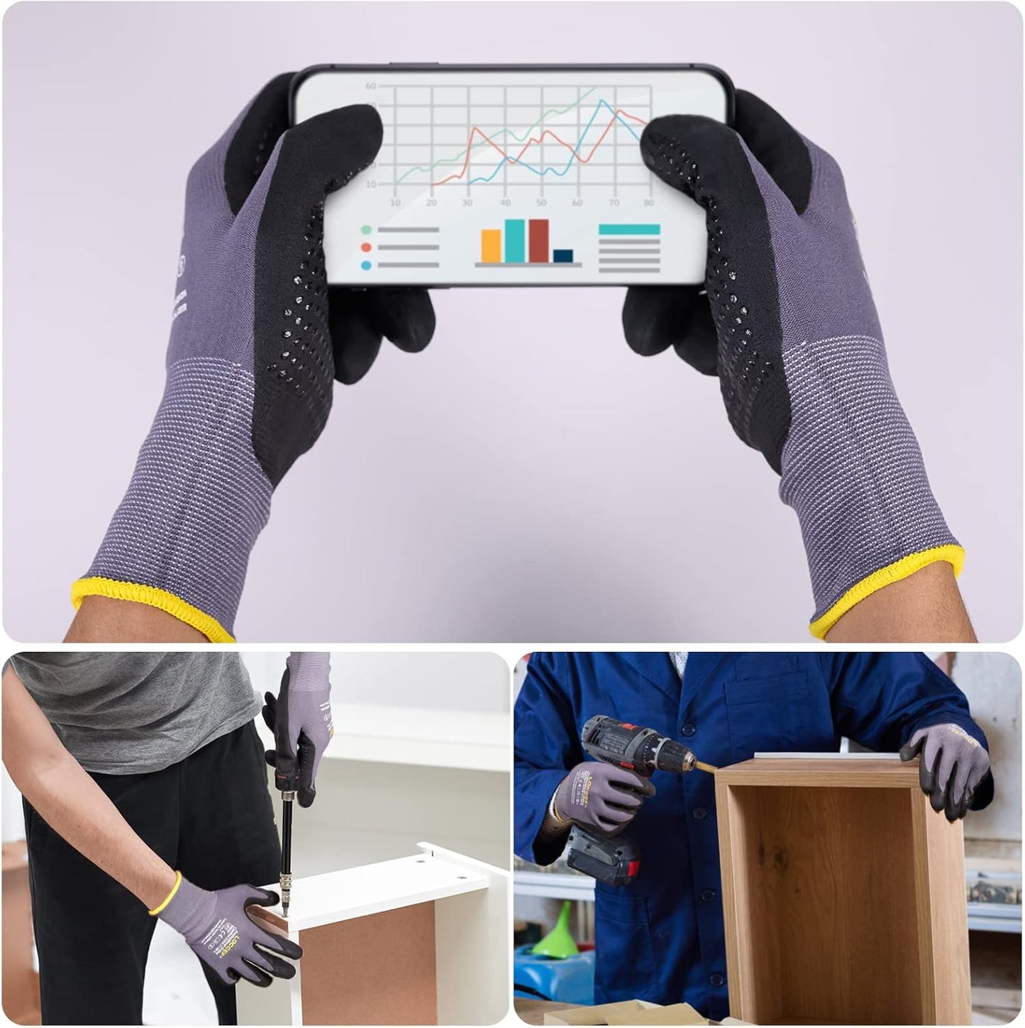 Work Gloves MicroFoam Nitrile Coated-6 Pairs,Endurance Seamless Knit Nylon,Dots on palm,Tacky Dot Grip Gloves