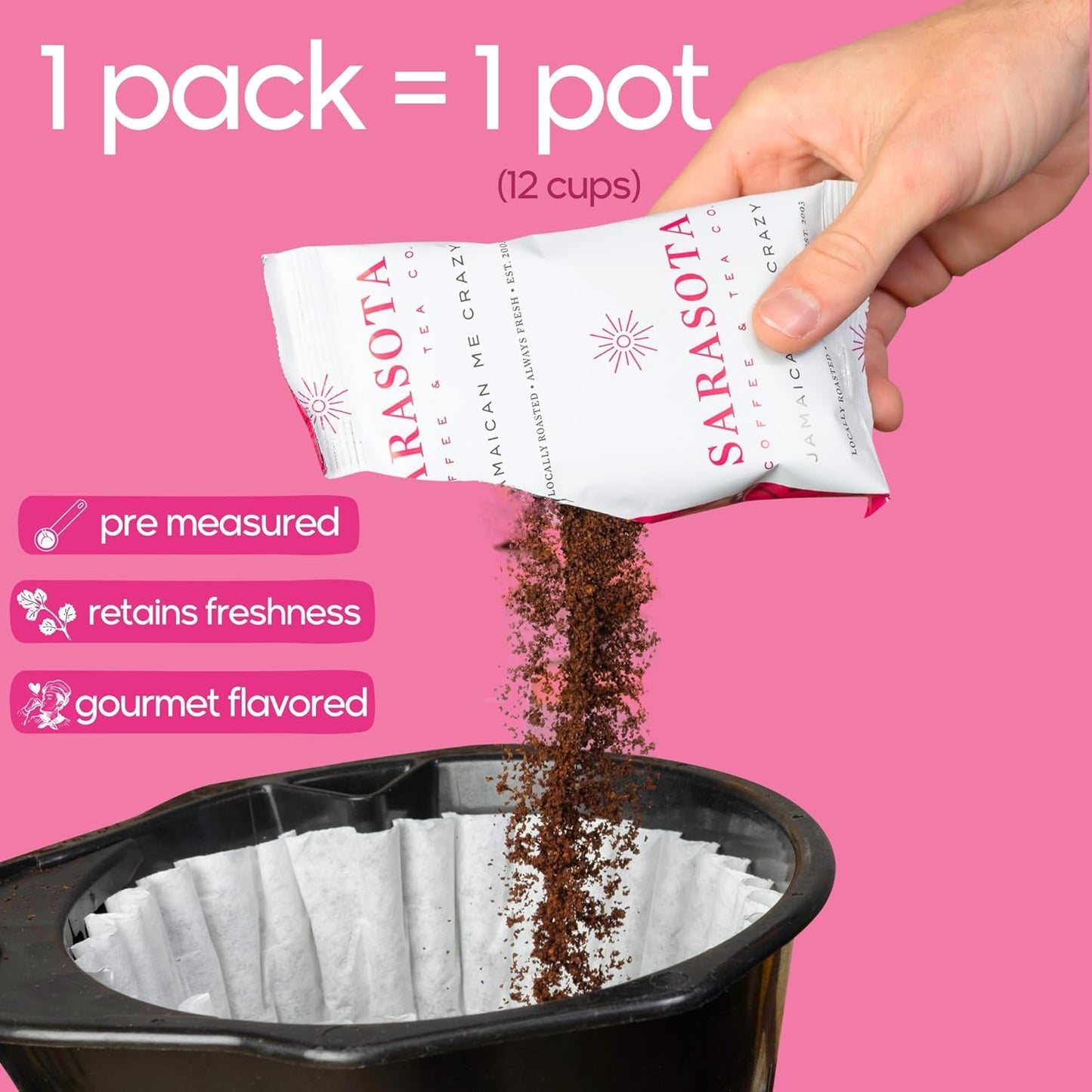 Sarasota Coffee Ground Packets | Gourmet Flavored Medium Roast Bulk Coffee Packs | Jamaican Me Crazy | Low Acid Mold Free Singles Individual Pouches for 12 Cup | 1.5 Ounce Bags, 42 Count