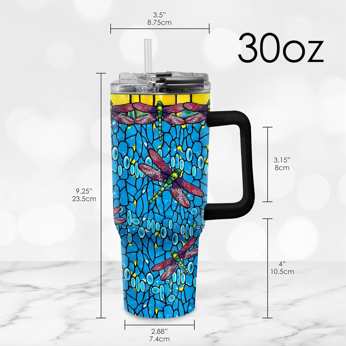 RainCaper 18/8 Stainless Steel Insulated Water Tumbler with Straw | 30oz, BPA-Free, Double Wall for Hot & Cold | Travel-Friendly, Cup Holder Ready (Tiffany Dragonfly - Purple)