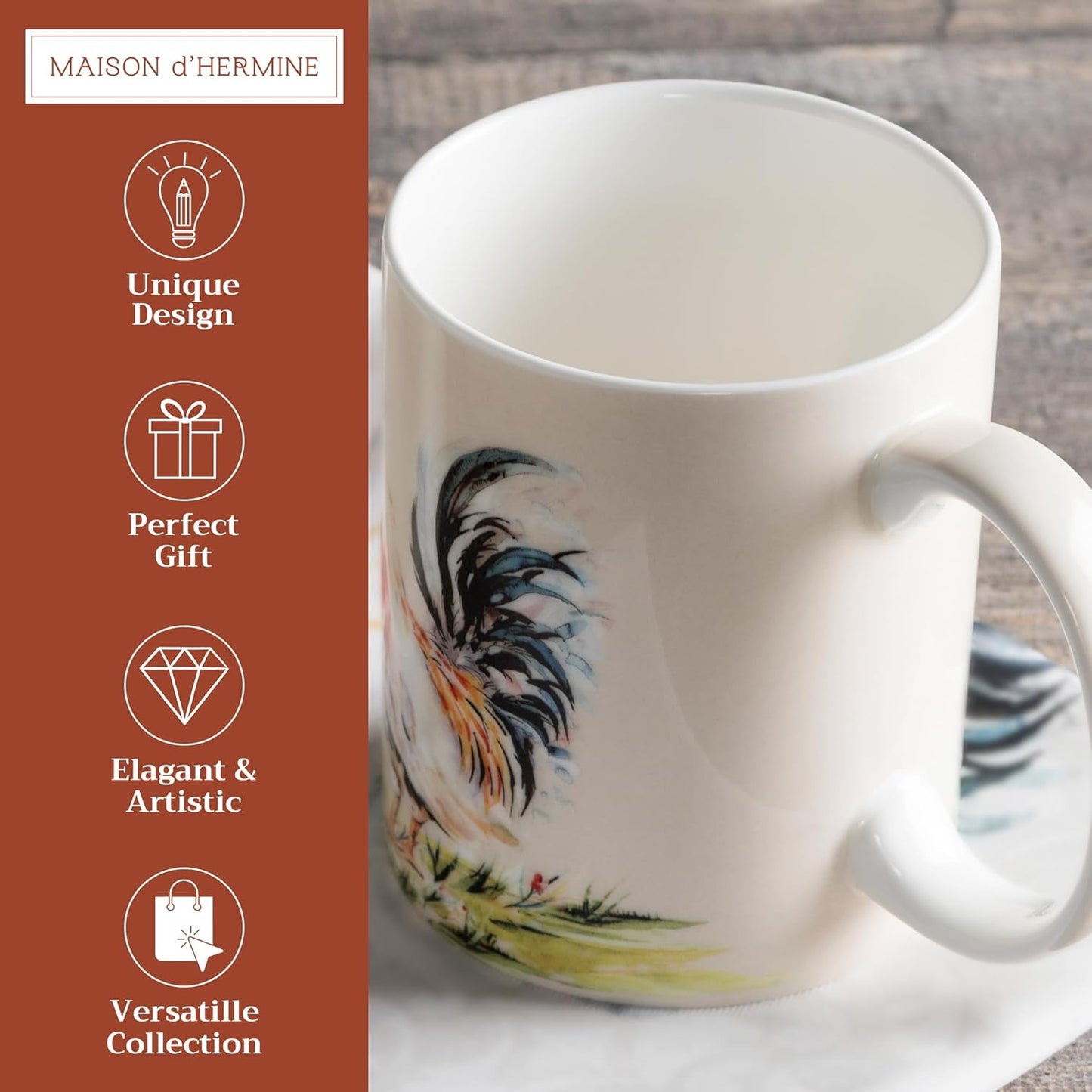 Maison d' Hermine Coffee Mug with Handles Fine Bone China Mugs Pack of One Tea Cups for Hot Beverages Cappuccino Latte Home Restaurant Office Perfect for Gift (Campagne - Coq, 12 Ounce)