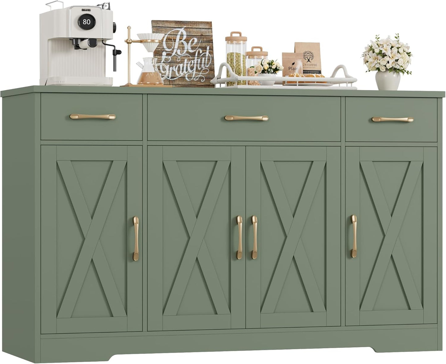 HOSTACK Buffet Sideboard Cabinet with Drawers, 55" Large Buffet Storage Cabinet with Shelves and Doors, Modern Farmhouse Coffee Bar Station for Kitchen, Dining Room, Green