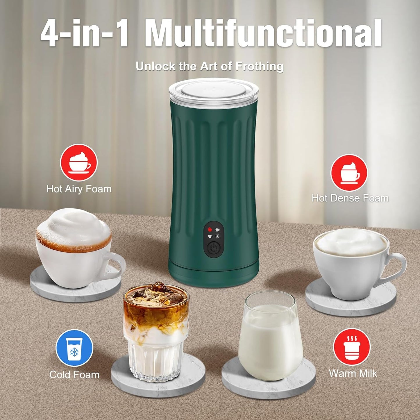Electric Milk Frother, 4-in-1 Milk Steamer and Frother, 8.1oz/240ml Automatic Warm and Cold Foam Maker, Auto Shut-Off Frother for Coffee, Latte, Cappuccino, Macchiato(Green)