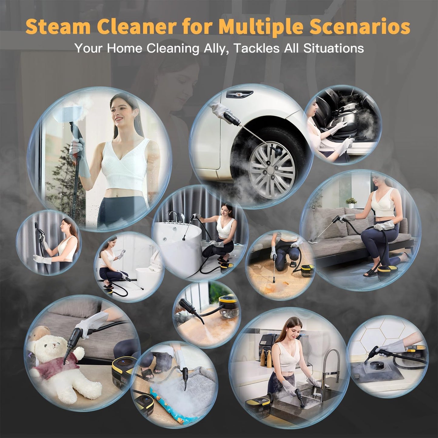 Steam Cleaner, 3-Level Adjustable Handle, 15s Heat-Up, 1.69 Quarts Tank, Portable Steamer for Cleaning with 15 pcs Accessories, Steam Cleaner for Home for Dirt, Grease, Grout, Tile,Floor, Car