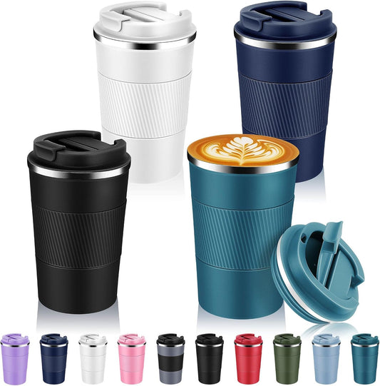 Volhoply 13 oz Stainless Steel Insulated Travel Coffee Mug with Fip Lid Bulk 4 Pack,Reusable Double Wall Vacuum Metal Coffee Cup,Portable Leak Proof Thermal Tumbler for Hot&Cold Drinks(Assort Color,4)