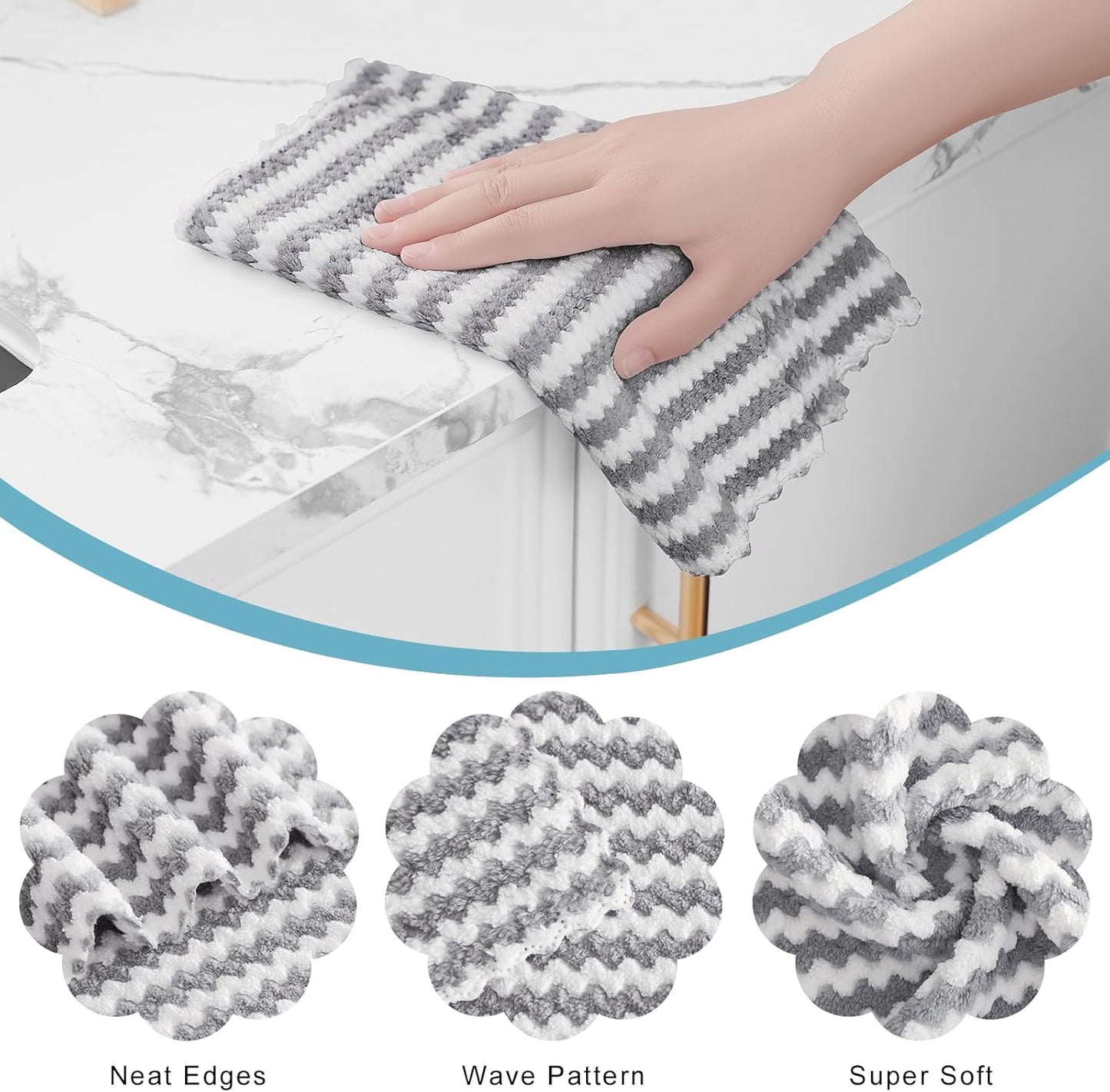 Homaxy Kitchen Towels(12 Pack, 10 x 20 inches), Ultra Soft and Absorbent Dish Towels, Reusable Fast Drying Microfiber Cleaning Cloth, Coral Velvet Wave Design No-lint, Grey