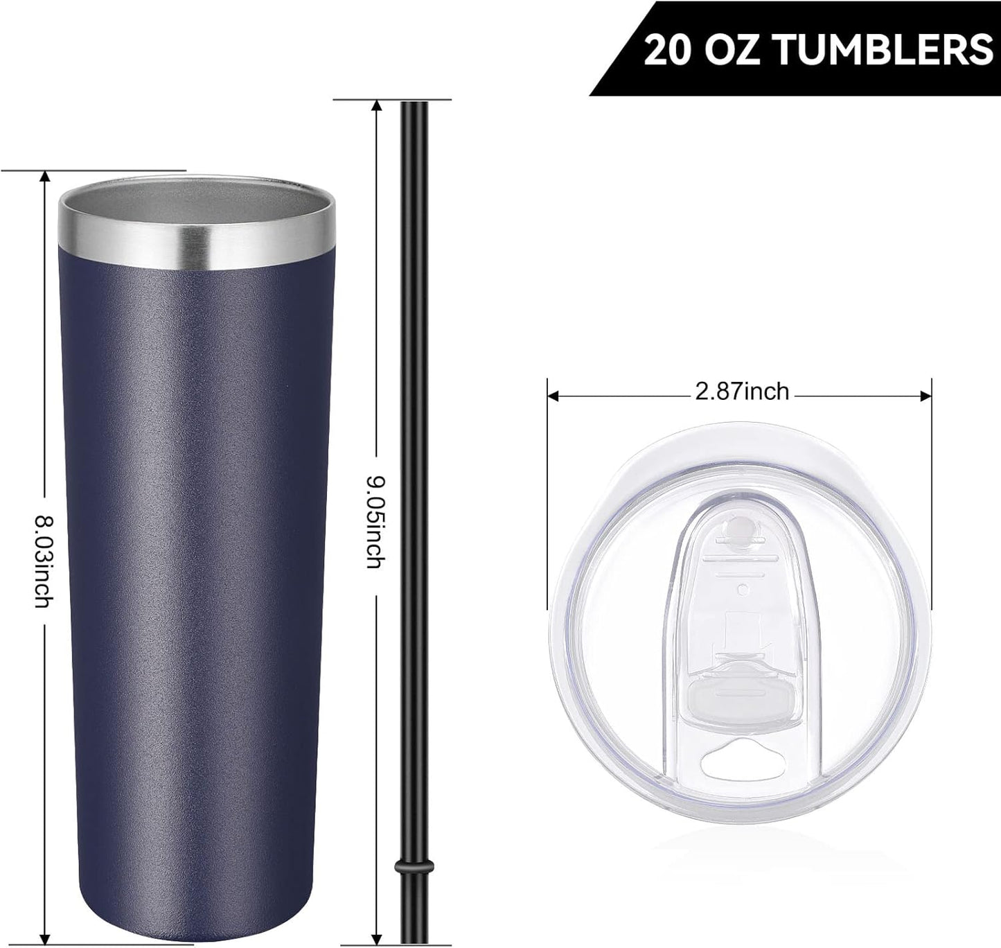 VEGOND Stainless Steel Tumblers Bulk 6 Pack, 20 oz Vacuum Insulated Skinny Tumblers with Lid and Straw, Double Wall Coffee Mug, Travel Water Cup, Navy Blue