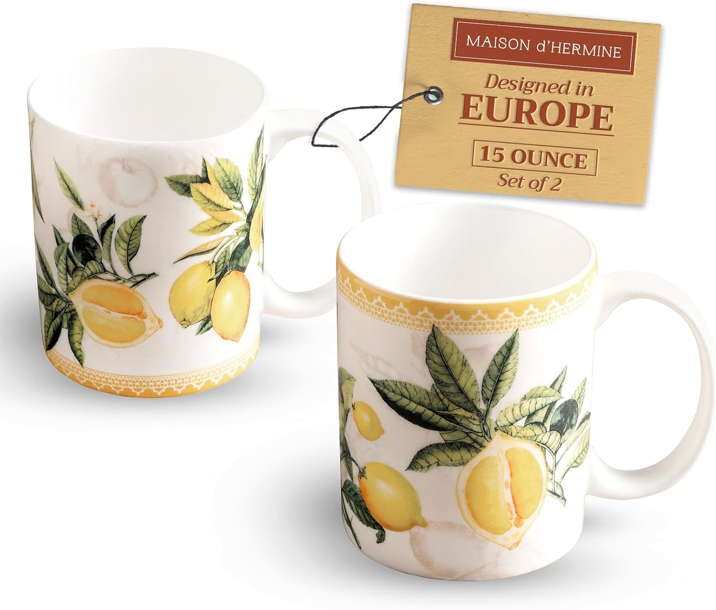 Maison d' Hermine Coffee Mug with Handles Fine Bone China Mugs Pack of Two Tea Cups for Hot Beverages Cappuccino Latte Home Restaurant Office Perfect for Gift (Limoncello, 15 Ounce)