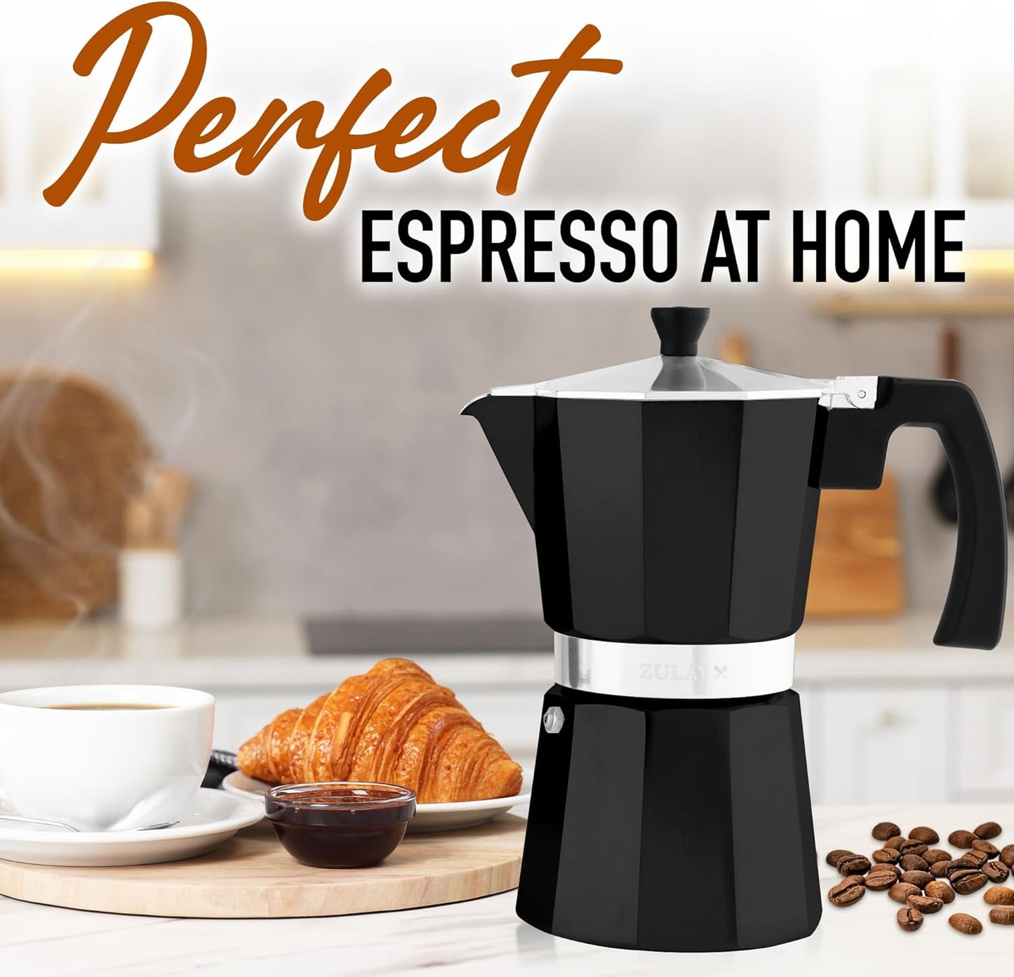 Zulay Moka Pot Espresso Stovetop Coffee Maker - Leak-Proof, Stainless Steel, Easy to Clean, Heat Resistant Handle & Knob - for Authentic Cuban & Italian Style Espresso - Makes 6 Espresso Cups - Black