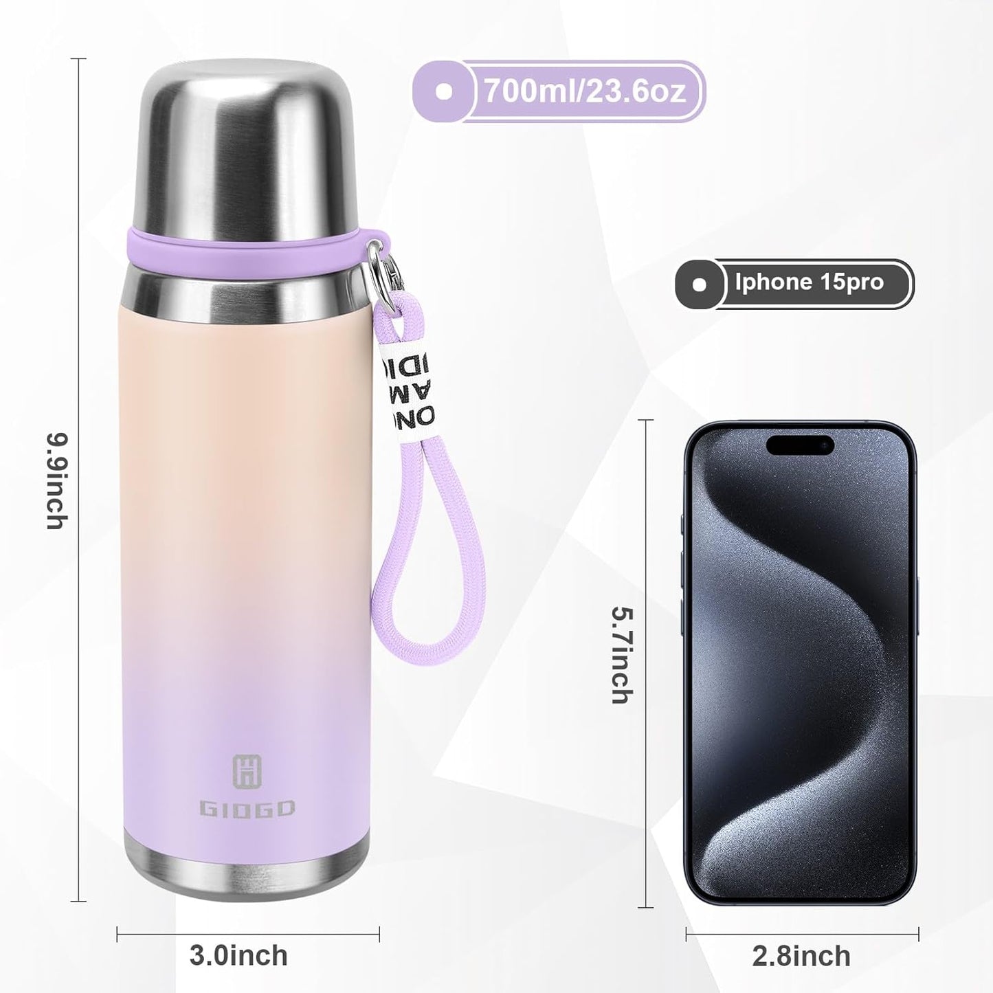Stainless Steel thermo Bottles with cup 700ml/23.7oz Vacuum Insulated Bottle for hot and cold coffee drink water thermo flask with cup.(Gradient Purple,700ml)