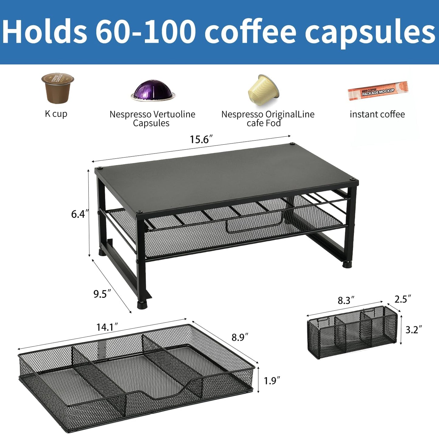 Spacrea K Cup Holder Organizer- Coffee Pod Holder for Counter with 2 Tier Sliding Storage Drawer, Coffee Station Bar Accessories Holder, 63 Large or 80 Small Capsules, Home Kitchen (Black)