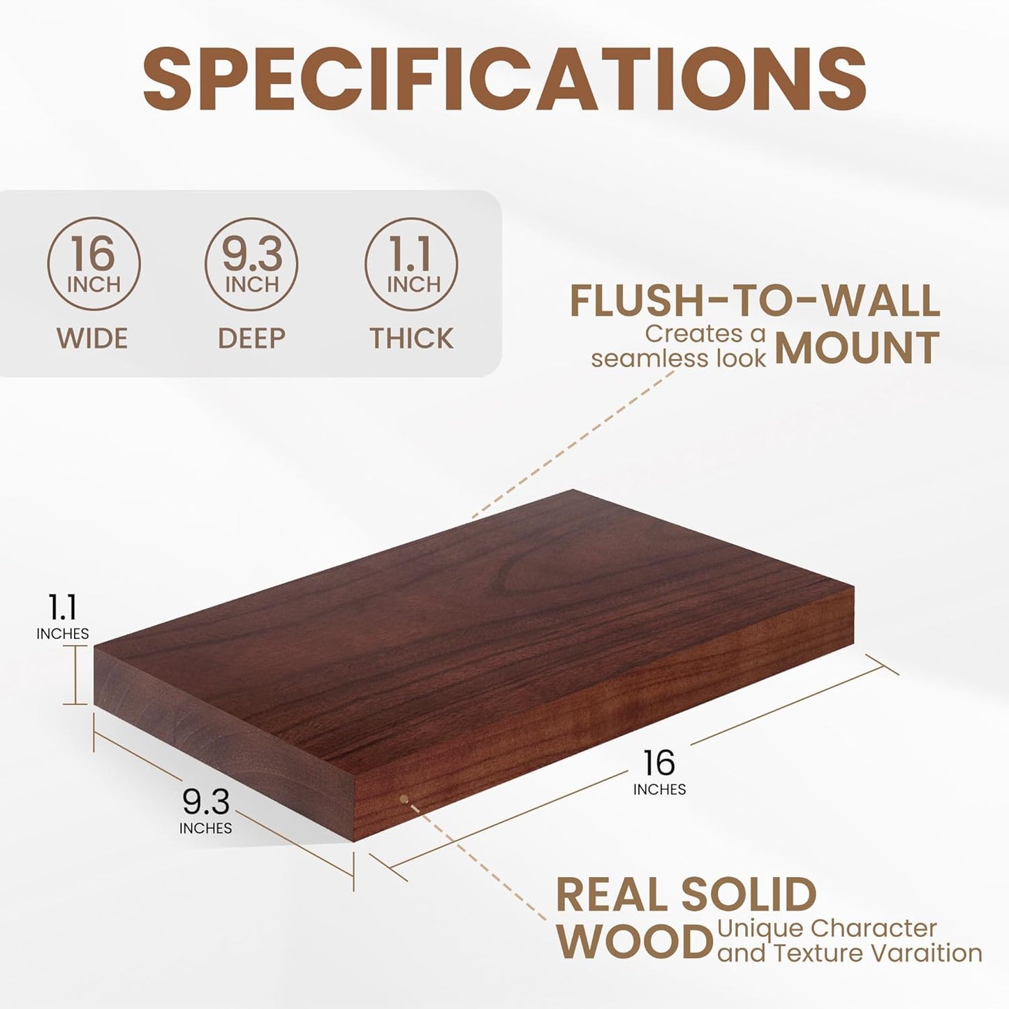 Fun Memories 9 Inch Deep Floating Shelves, Rustic Solid Wood Floating Shelf 16 Inch Long, 16 x 9 Wide Bathroom Shelves for Storage & Display, Red Brown