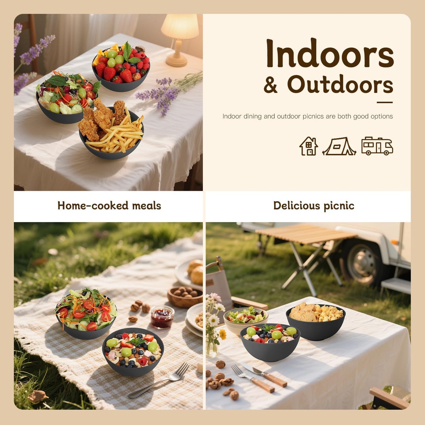 Black Cereal Bowls 40oz for Cereal Lover,Unbreakable Alternative Plastic Bowls Set of 6,Extra Thick Anti-Scald Bowl Sets suitable for Salad,Soup and Fruit.