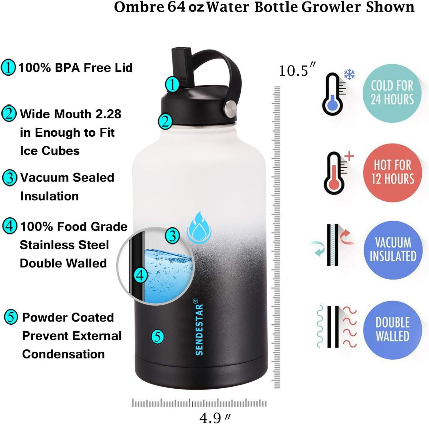 SENDESTAR Water Bottle 64oz Double Wall Vacuum Insulated Leak Proof Stainless Steel Sports Water Bottle—Wide Mouth with New Flex Straw Lid & Spout Lid (Day&Night)