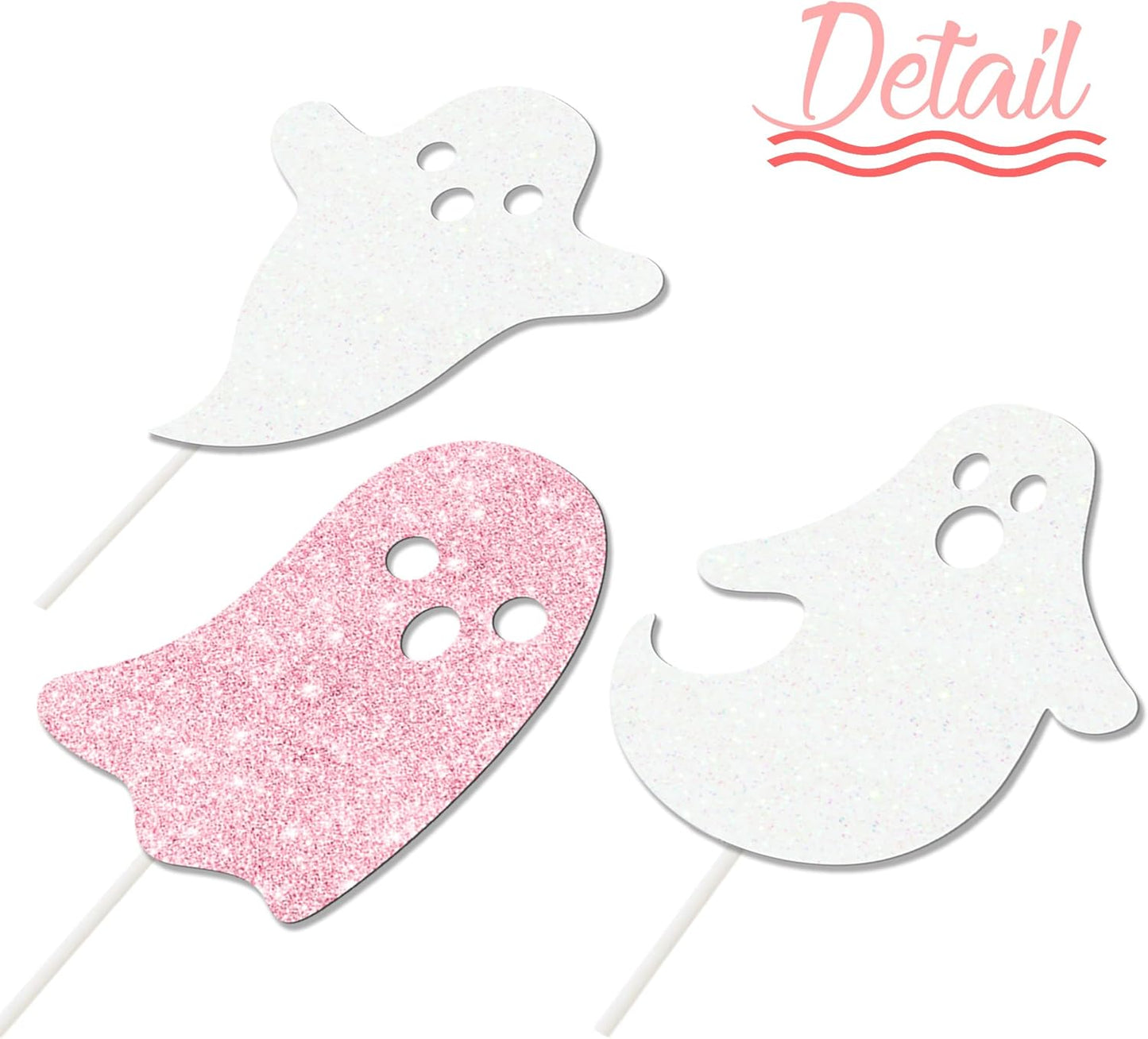 Halloween Ghost Cupcake Decoration 24Pcs Ghost Cupcake Toppers Double Sided Glitter White Pink Halloween Birthday Baby Shower Supplies for Ghost Boo Theme Party Cake Decor