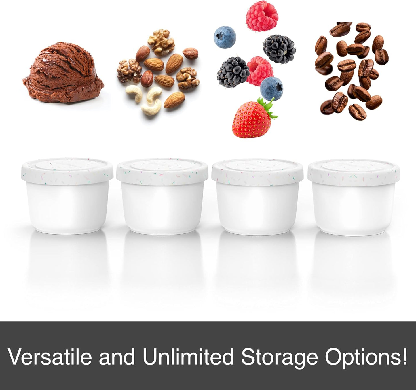BALCI - 8oz Mini Ice Cream Containers with Silicone Lids (Set of 4) - Freezer Food Storage Containers, Reusable, LeakProof, For Homemade IceCream Containers - White with Sprinkles
