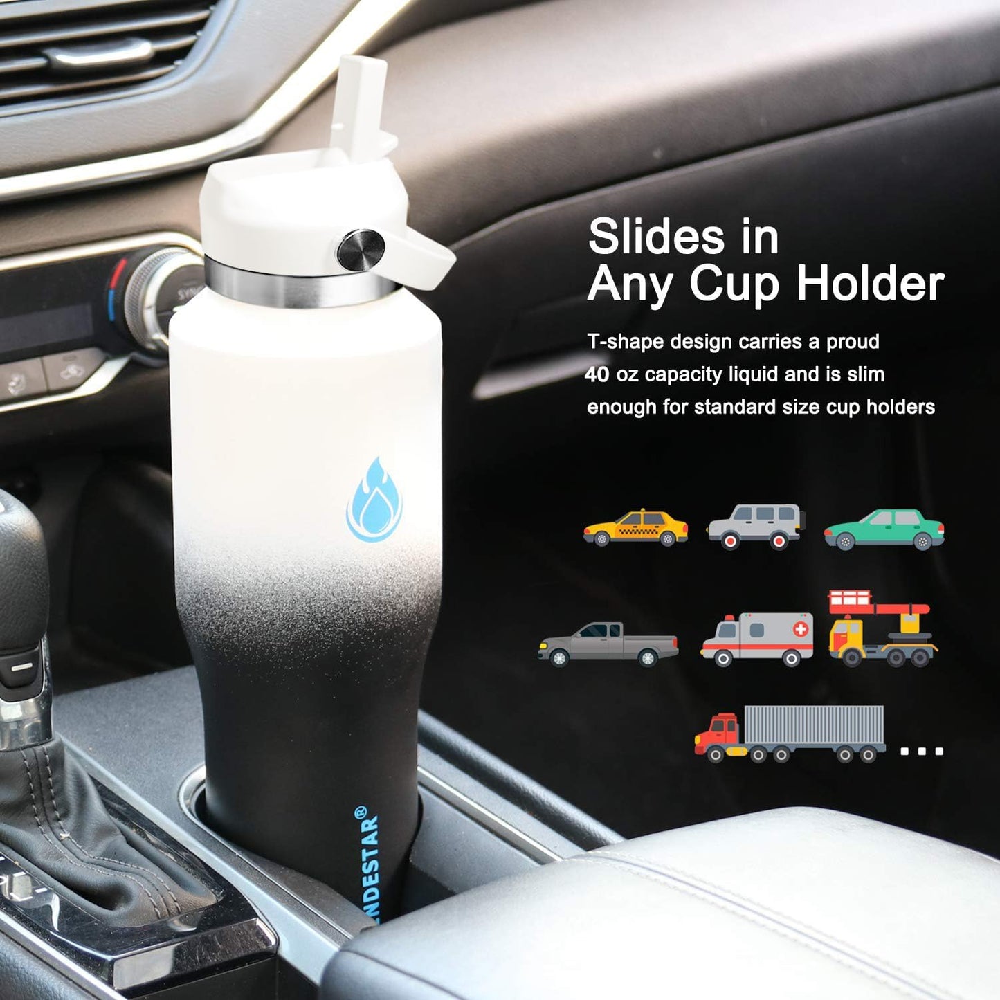 SENDESTAR SENDESTAR 40oz Stainless Steel Water Bottle(Cold for 48 Hrs, Hot for 24 Hrs),Double Wall Vacuum Insulated Bottle with Straw Lid, Spout Lid and Flex Cap, Fit in Any Car Cup Holder