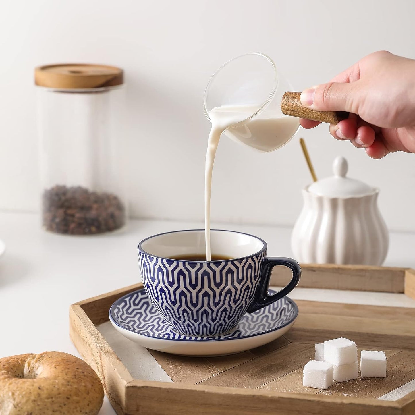 Selamica Ceramic 8 oz Cappuccino Cup Set with Saucers, Espresso Coffee Cups, Latte Macchiato for Party Cafe Home, Set of 6, Vintage Blue