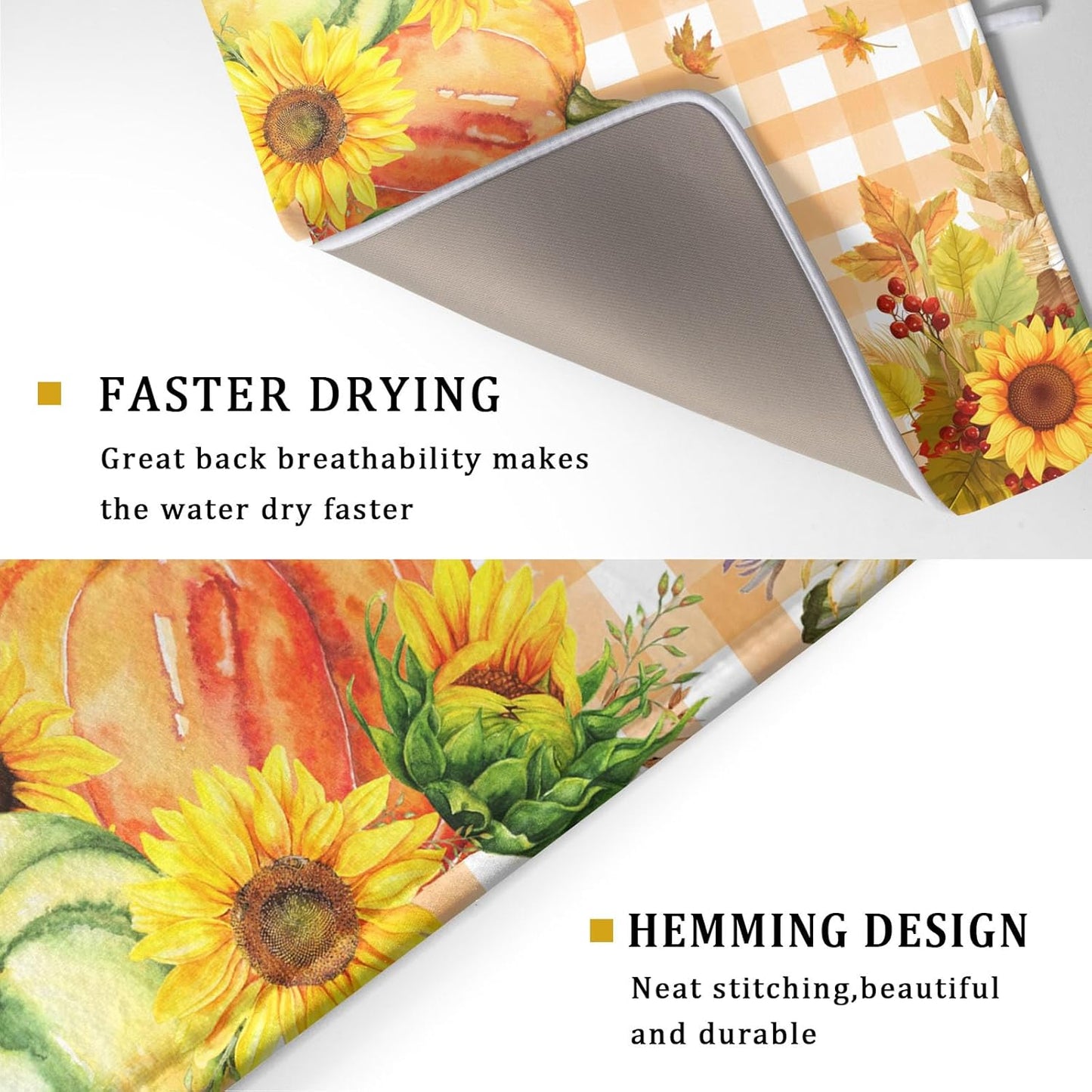 Autumn Maple Leaf Orange White Check Plaids Dish Drying Mat for Kitchen Counter,Fall Sunflower Pumpkin Drying Mat 18 x 24 Inch with Absorbent Reversible Microfiber Dish Drying Pad for Coffee Bar