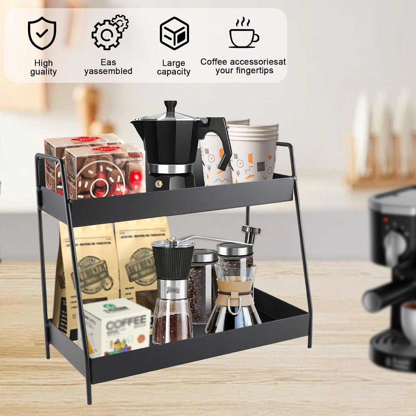 Countertop Coffee Bar Organizer,2 Tier Metal Coffee Pod Holder with Handles,Tea Bag Condiment Snack Organizer,Mug Holder for Kitchen,Bathroom,Office,Black