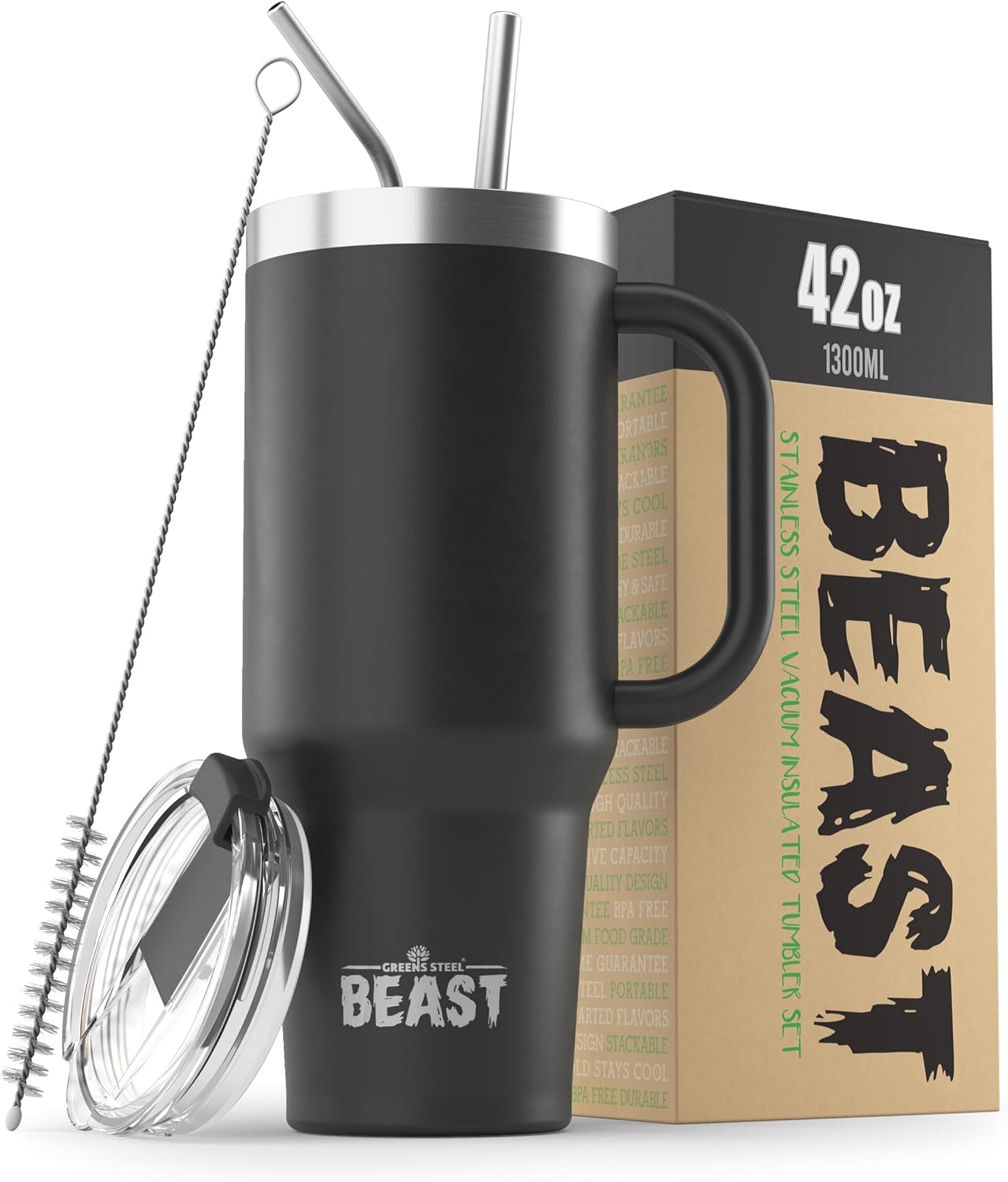 Beast 42 oz Tumbler Stainless Steel Vacuum Insulated Coffee Ice Cup Double Wall Travel Flask (Matt Black)
