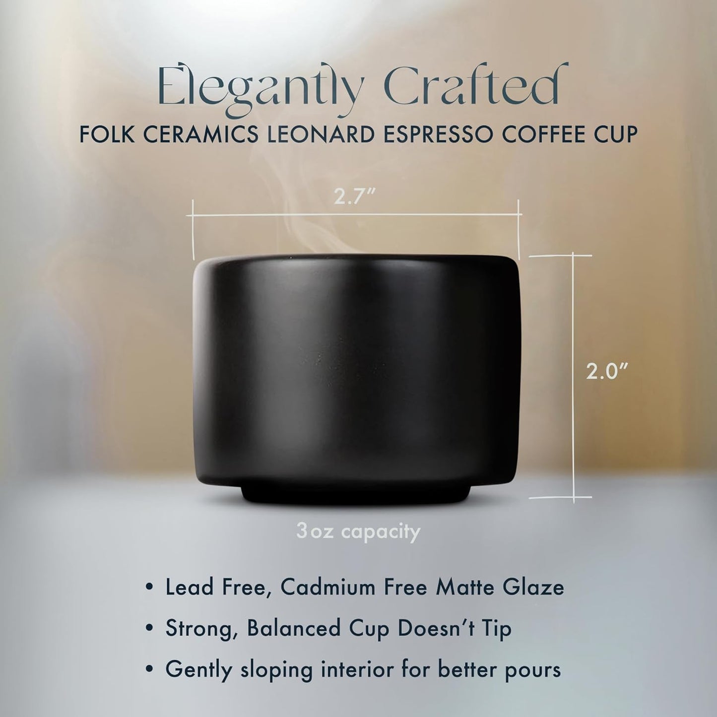 Folk Ceramics Leonard Ceramic Espresso Cups | Modern Stackable Demitasse Mugs for Espresso | Thick Walled, Handleless, Durable, Dishwasher & Microwave Safe | Set of 2, 3oz | Matte Black