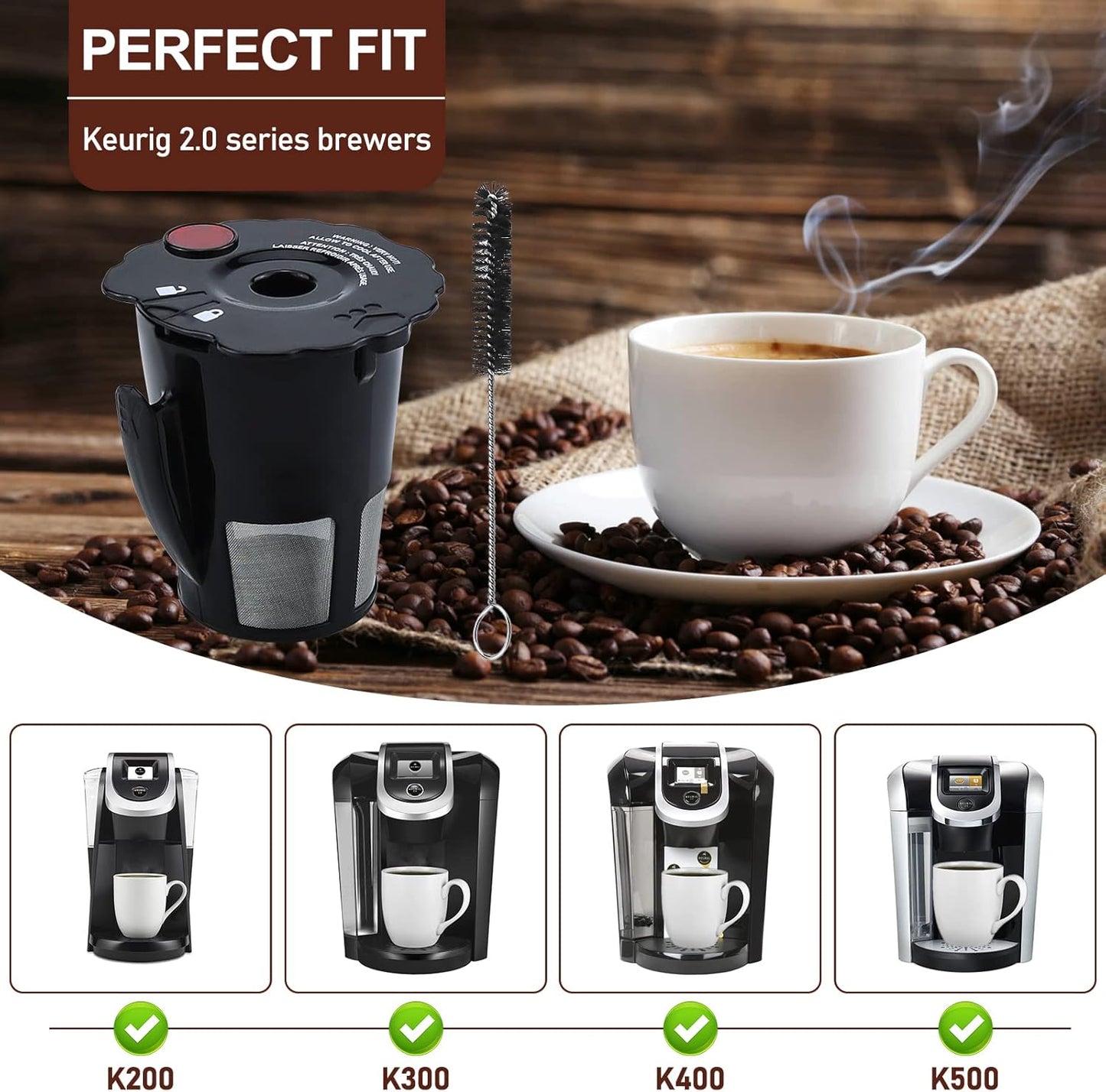 Sikawai My K Cup Reusable Coffee Pods Filter Fit for Keurig 2.0 K200 K250 K300 K350 K400 K450 K460 K475 K500 K550 K560 K575 Brewers Pack of 2 119367 with Cleaning Brush SIZE:2.5 * 2.4