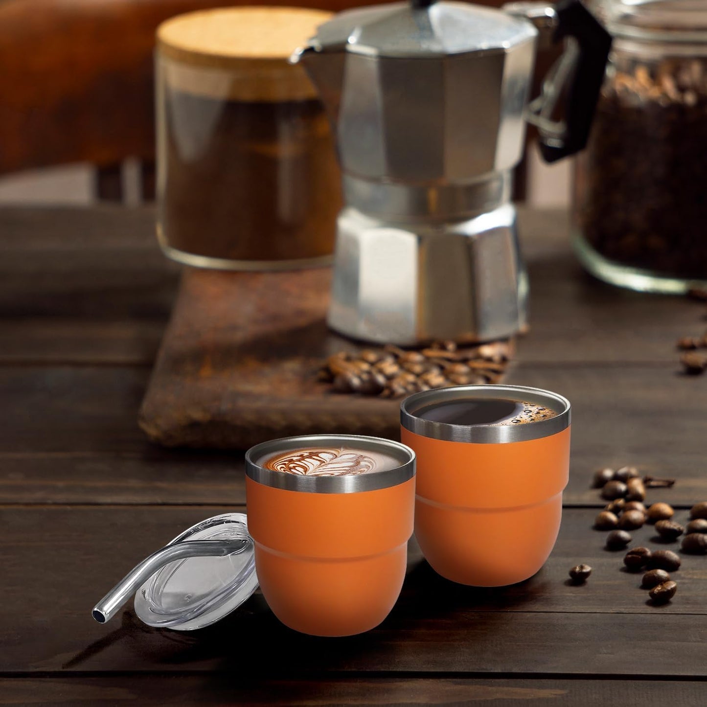 4oz Stackable Cup, Vacuum Insulated Espresso Cup Set of 2, Espresso Shot Glass for Coffee, Double Wall Stainless Steel Mini Tumbler Shot Glasses with Straw and Lid (A-orange2P, 4oz)