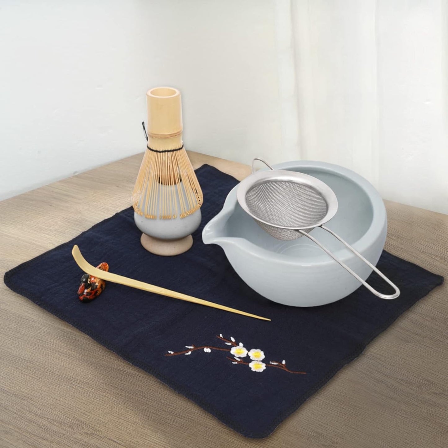 Artcome Matcha Ceremony Kit for Japanese Tea Ceremony, Bowl with Pouring Spout, Whisk, Tea Scoop, Matcha Powder Strainer, Matcha Tea Set For Making Usucha, Koicha and Matcha Latte (Cyan)