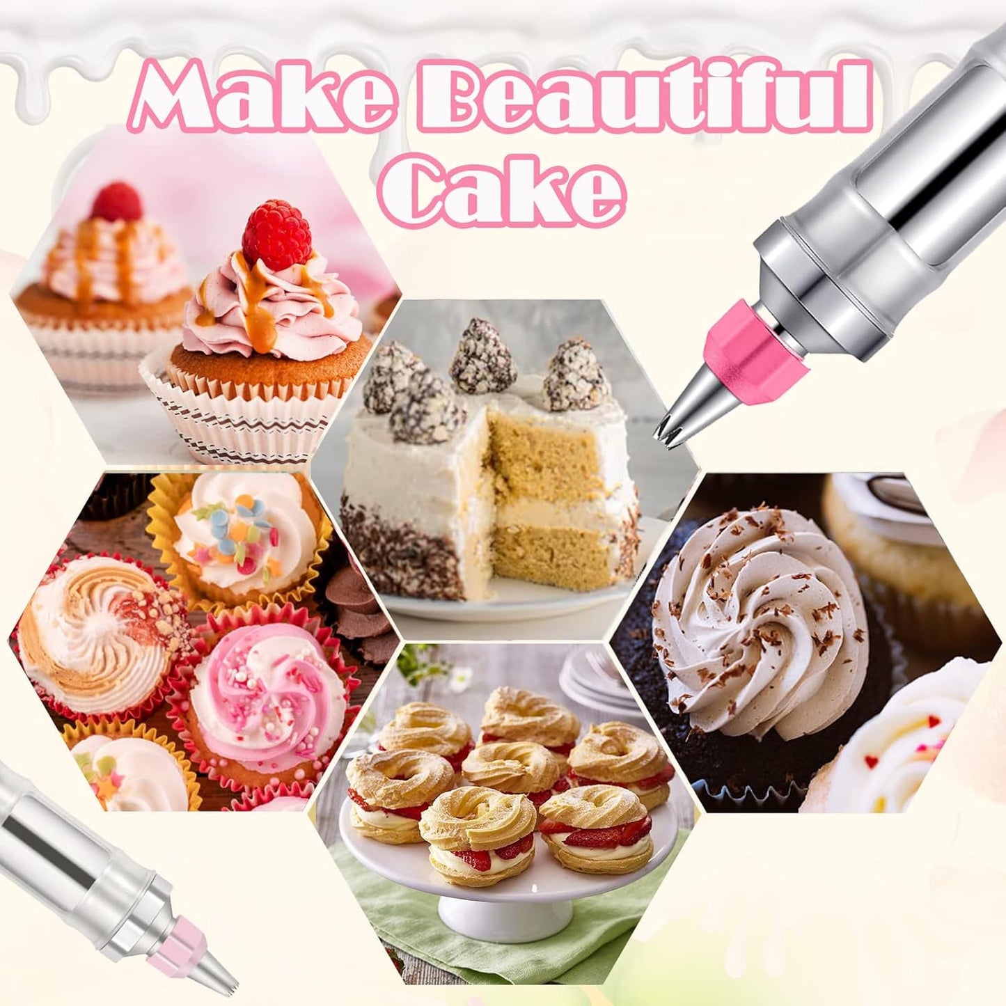 Hendiy Dessert Decorating Syringe Set, Frosting Piping Kit Stainless Steels Cake Decorating Kit with 6 Piping Tips & 9 silicone cupcakes, Cupcake Decorating Kit Piping Bags and Tips Set