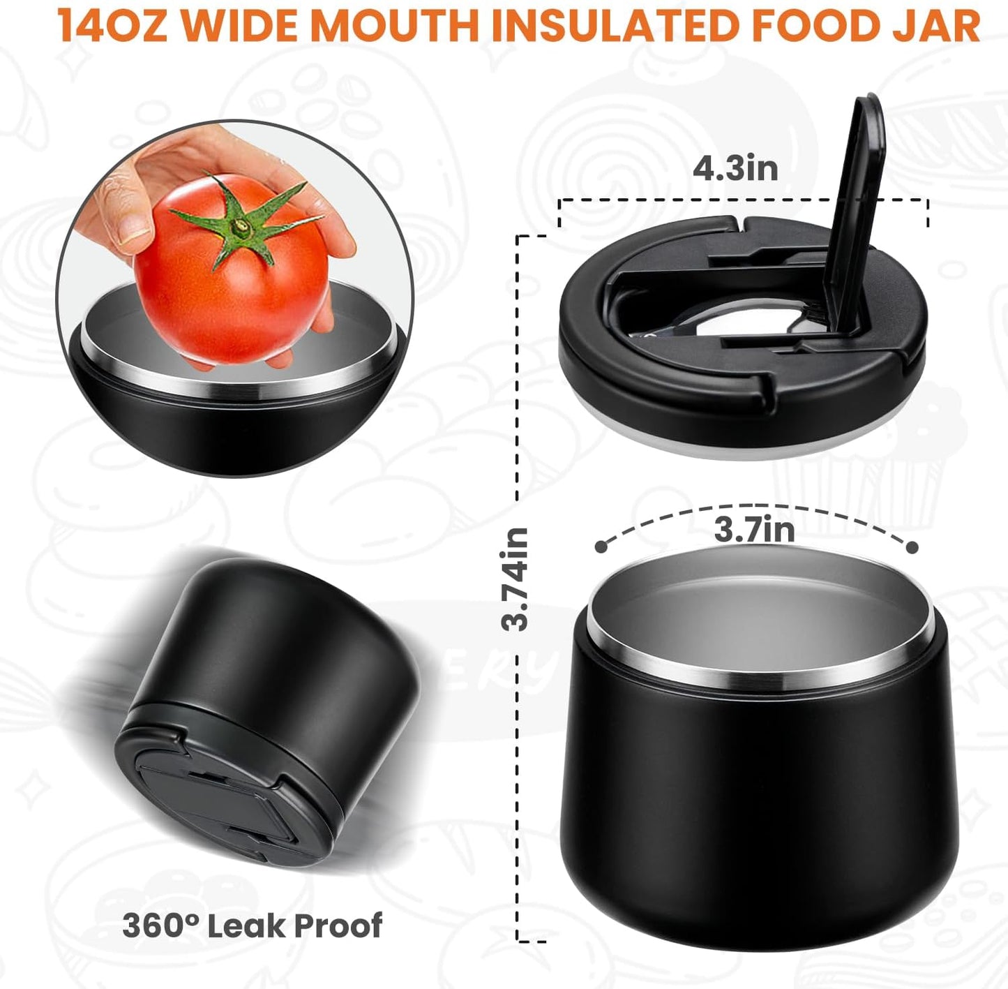 Soup Thermo for Hot Food 14oz Lunch Containers with Buckle Lid Wide Mouth Hot Food Jar Vacuum Insulated Stainless Steel Bento Box Leakproof with Spoon(Black)