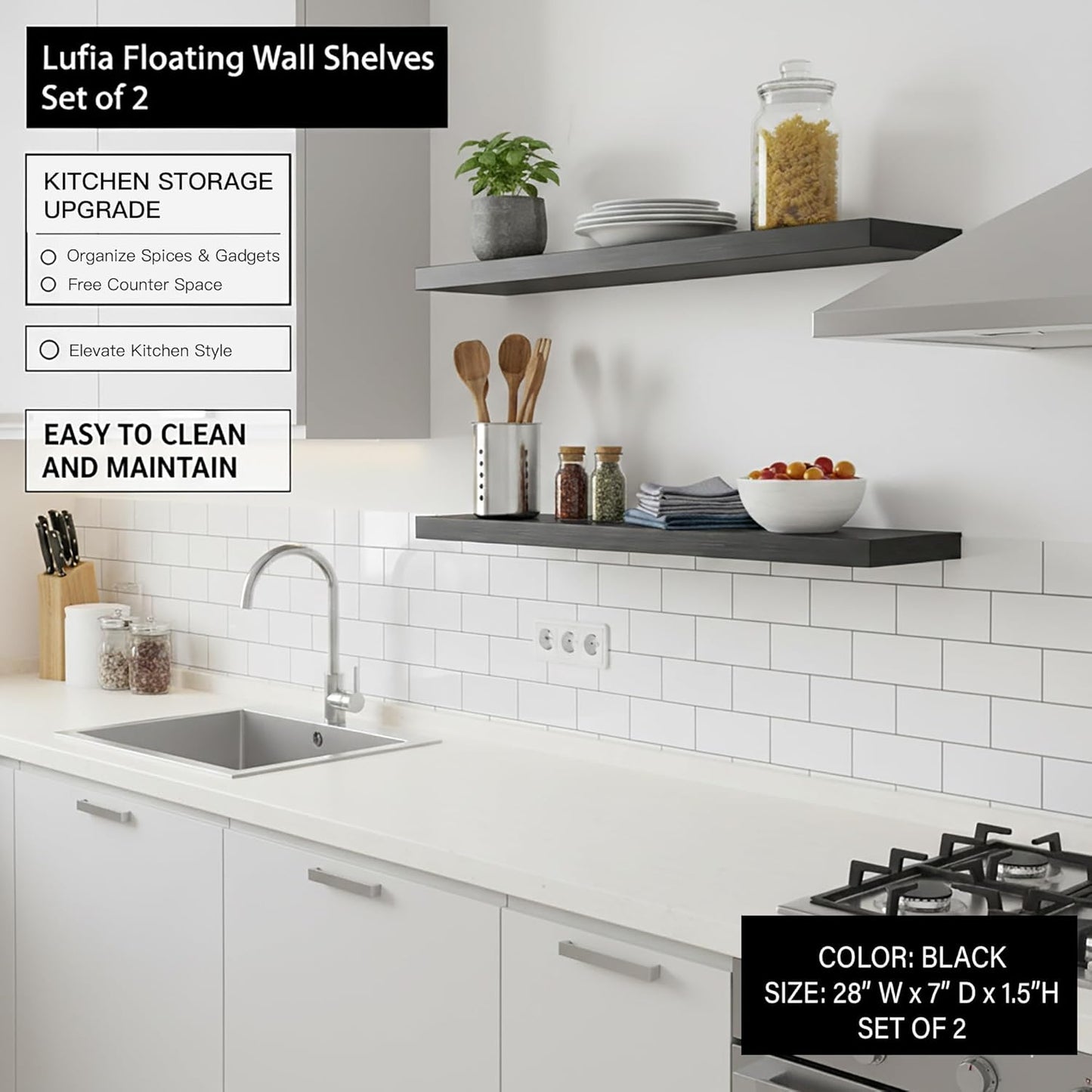 Lufia Floating Wall Shelves, Set of 2, MDF with Invisible Brackets, Modern Storage for Bedroom, Bathroom, Living Room, Kitchen (Black, 28" W X 7" D X 1.5" H)