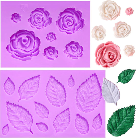 Rose Flower Fondant Molds, Flower and Leaves Silicone Molds, Cake Decoration Chocolate Molds for Cupcake Topper Candy Cookie Clay Crafting Projects Set Of 2
