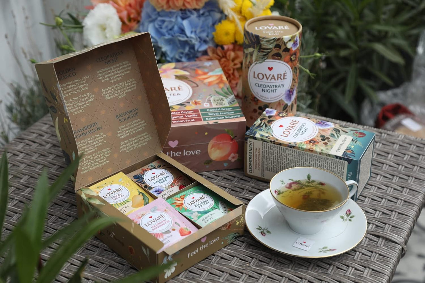 LOVARE Green Assorted Tea Variety Pack 32 Pack - Made in Ukraine - Tea Bags Individually Wrapped 4 Tastes - Golden Mango, Cleopatra’s Night, Strawberry Marshmallow, Bahamian Soursop Assorted Tea Bags