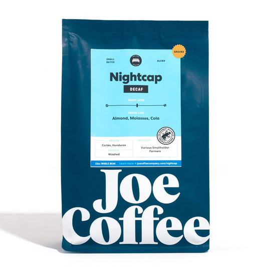 Joe Coffee Company (NYC Roaster), Nightcap Decaffeinated Ground Specialty Coffee, 12 oz Bag, RFA Certified, Kosher, Climate Friendly