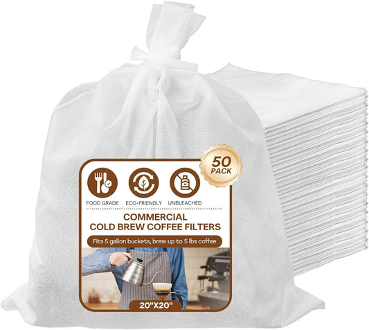 50Pcs Commercial Cold Brew Coffee Filters for 5 Gallon Buckets, 20" X 20" Disposable Coffee Filters with Drawstring for Brew Up To 5 LBS Coffee