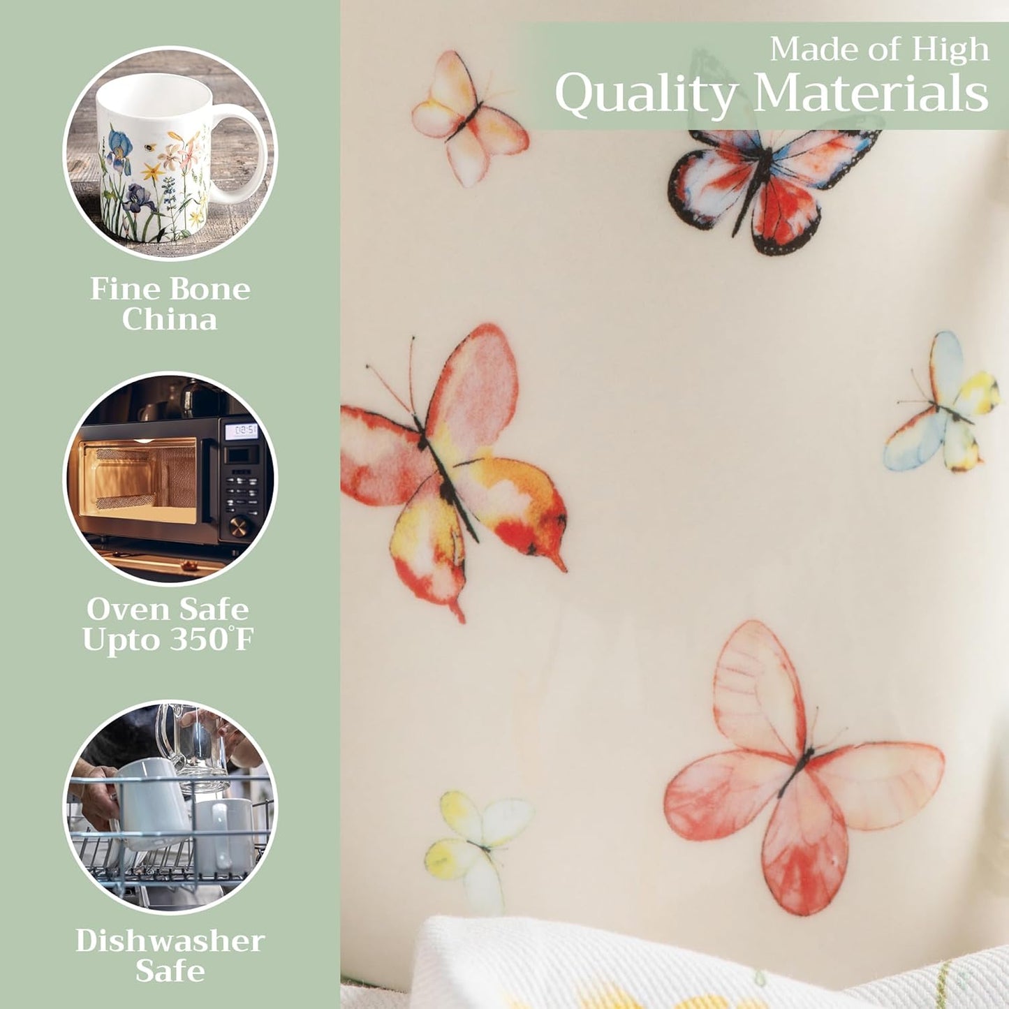 Maison d' Hermine Coffee Mug with Handles Fine Bone China Mugs Pack of One Tea Cups for Hot Beverages Cappuccino Latte Home Restaurant Office Perfect for Gift (Botanical Fresh - Butterflies, 15 Ounce)