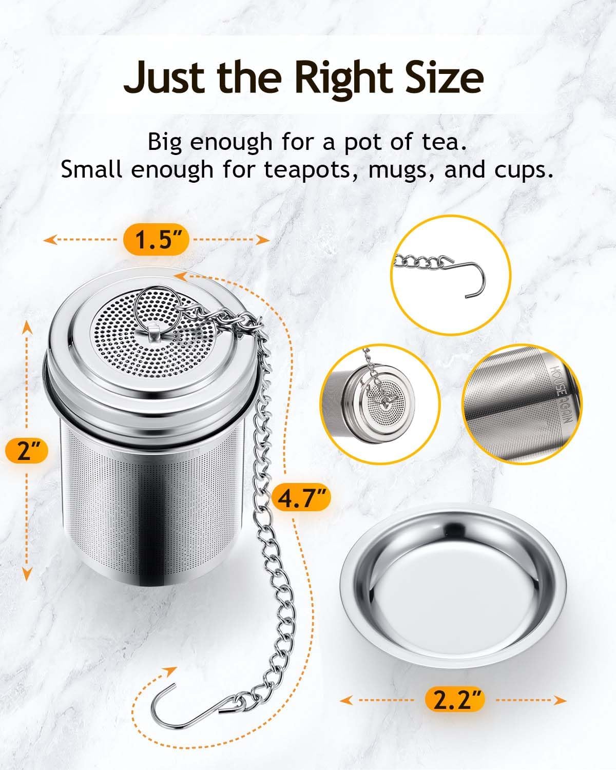 House Again 2 Pack Tea Infuser, Extra Fine Mesh Tea Infusers for Loose Tea, 18/8 Stainless Steel Tea Strainer with Extended Chain Hook, Tea Steeper for Brew Tea, Spices & Seasonings