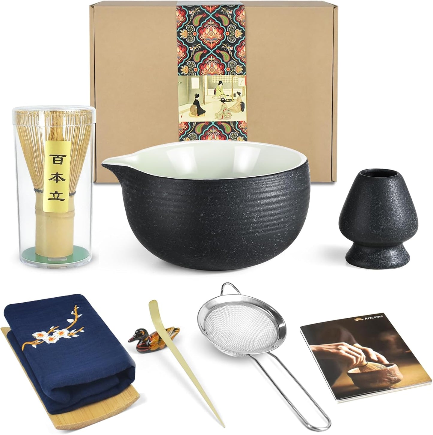 Artcome Bluestone Glaze Matcha Kit for Japanese Tea Ceremony, Bowl with Pouring Spout, Whisk, Tea Scoop, Matcha Powder Strainer, Matcha Tea Set For Making Usucha, Koicha and Matcha Latte (8 PCS)