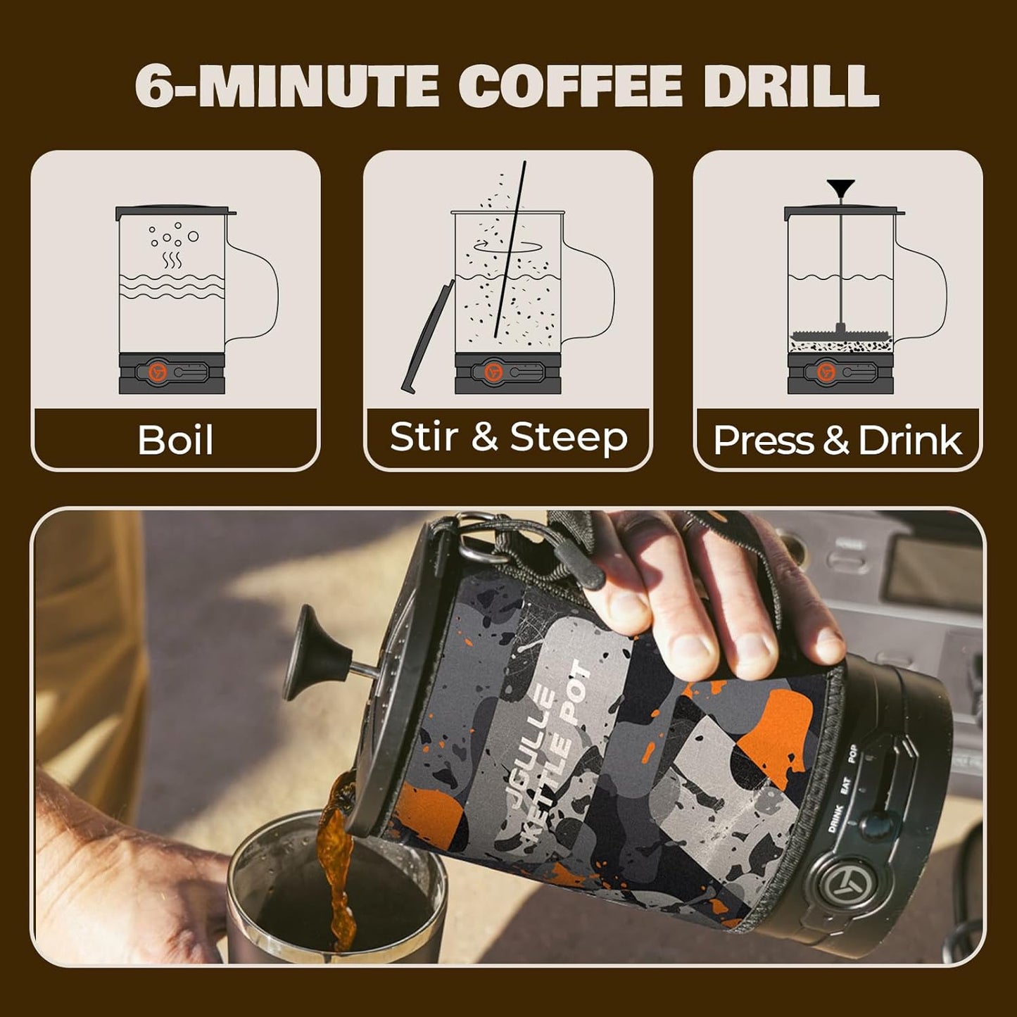 Electric French Press Coffee Maker, 120V Boil Water & Press Coffee 2-in-1, Portable Design for Camping, Travel, 6 Minute Brew Ready