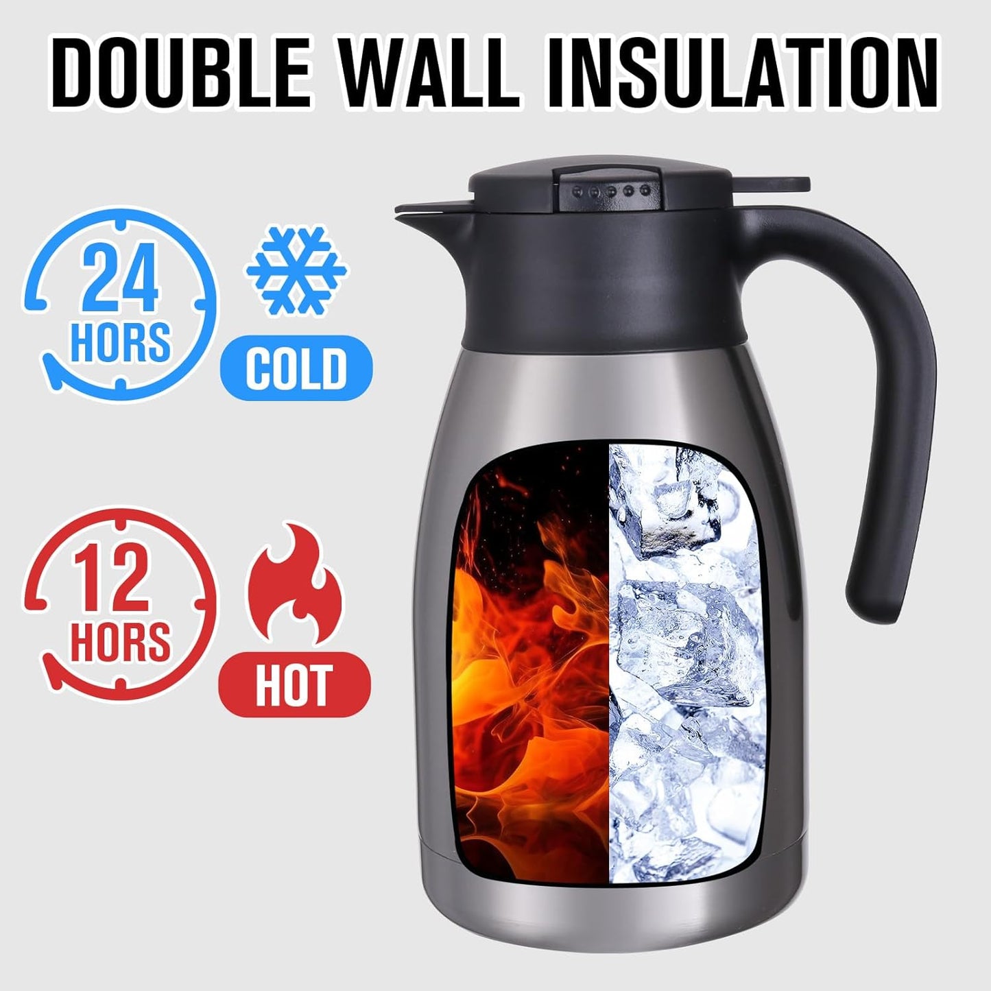 GiNT 51Oz Stainless Steel Thermal Coffee Carafe with Lid/Double Walled Vacuum Thermal Carafe / 12 Hour Heat Retention (Silver, 1.5L)